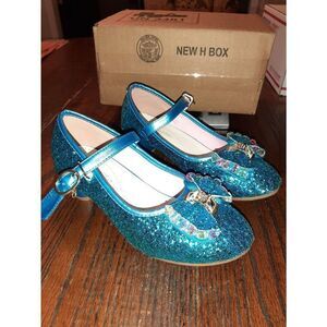 Big Girls Size 4 Vang Guang ViDuo Blue Sparkle Glitter Bow Princess Shoes
